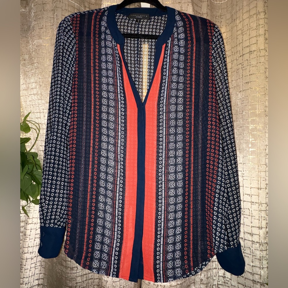 NWOT Sanctuary Navy & Red-Orange Striped Blouse | V-Neck | Size S